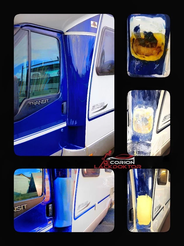 Fotocollage einer Verkleidungsreparatur am blauen Wohnmobil auf Ford-Transit-Basis